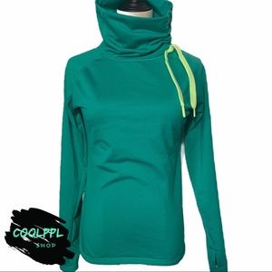 Women’s Teal Pullover Hoodie with High Funnel Neck